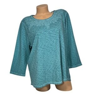 Chico's Teal Slub Knit Embroidered Neckline 3/4 Sleeve Top Size 3 XL Cotton